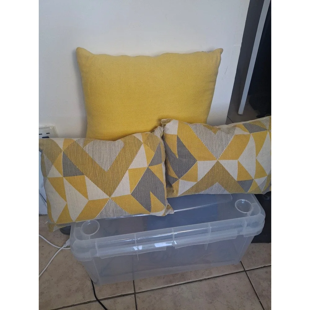 Set of 3 Yellow Grey Geometric Throw Pillows Down Feather Lumbar Square USA